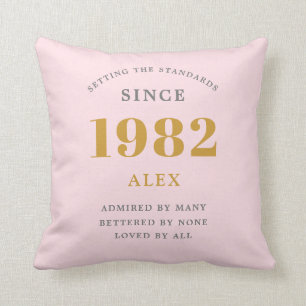 40th Birthday Name 1982 Pink Grey Elegant Chic Cushion