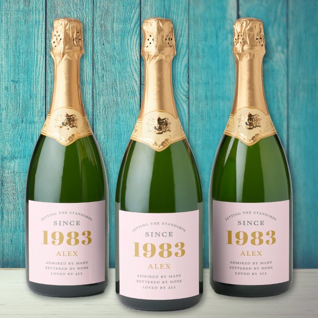 40th Birthday Name 1983 Pink Grey Elegant Chic Sparkling Wine Label (Creator Uploaded)