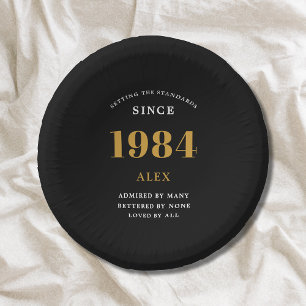 40th Birthday Name 1984 Black Gold Elegant Chic Paper Plate