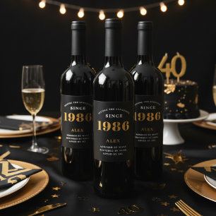 40th Birthday Name 1984 Black Gold Elegant Chic Wine Label