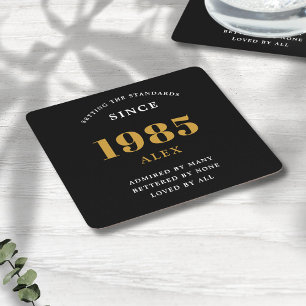 40th Birthday Name 1985 Black Gold Elegant Chic Square Paper Coaster