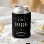 40th Birthday Name 1986 Black Gold Elegant Chic Can Cooler<br><div class="desc">Luxurious 40th Birthday Black and Gold Can Cooler: The perfect party companion. Our high-quality 40th Birthday Can Cooler is made to help you toast to the big milestone in style. Crafted in sleek black and accented with gold, it brings a touch of luxury to your celebration. Not just a pretty...</div>