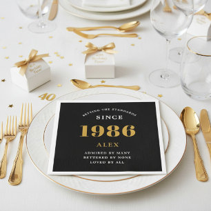 40th Birthday Name 1986 Black Gold Elegant Chic Napkin