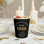 40th Birthday Name 1986 Black Gold Elegant Chic Paper Cups<br><div class="desc">Sophisticated 40th Birthday Unique Black & Gold Party Paper Cups. Celebrating a milestone birthday should be a memorable experience, and what better way to ensure that than with our sophisticated black and gold 40th Birthday Party Paper Cups? Designed in sleek black with an elegant gold highlight, these cups are printed...</div>