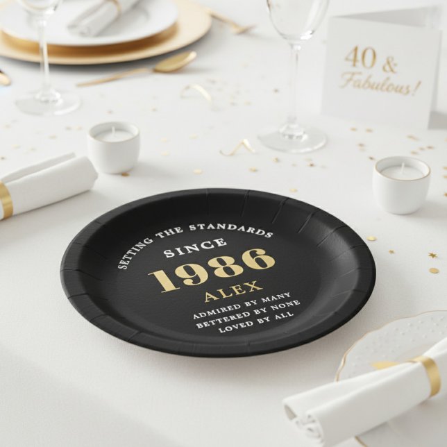 40th Birthday Name 1986 Black Gold Elegant Chic Paper Plate (1986 Black, Birthday paper plate. White background.)