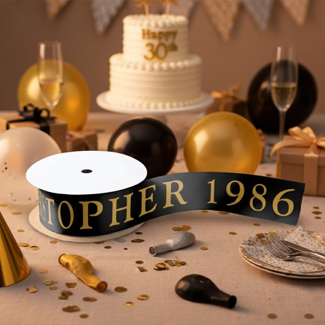 40th Birthday Name 1986 Black Gold Elegant Chic Satin Ribbon (Born 1986 ribbon)