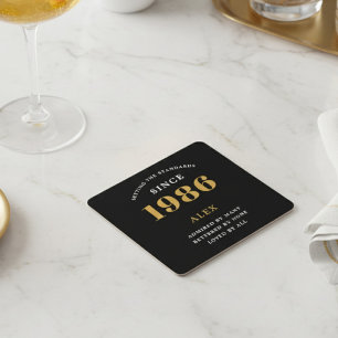 40th Birthday Name 1986 Year Black Gold Custom Square Paper Coaster