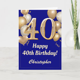 40th Birthday Navy Blue and Gold Balloons Confetti Card