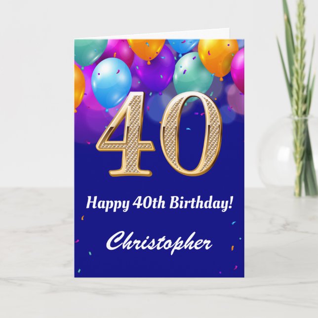 40th Birthday Navy Blue and Gold Colourful Balloon Card (Front)