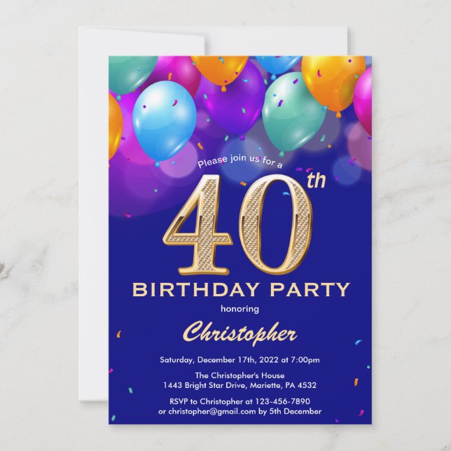 40th Birthday Navy Blue and Gold Colourful Balloon Invitation (Front)