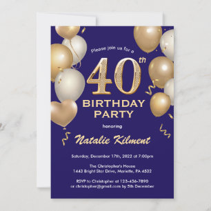 40th Birthday Navy Blue and Gold Glitter Balloons Invitation