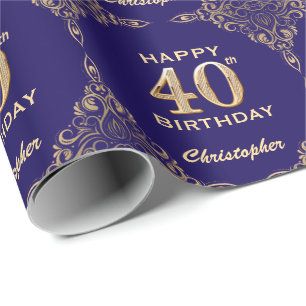 40th Birthday Navy Blue and Gold Glitter Frame Wrapping Paper