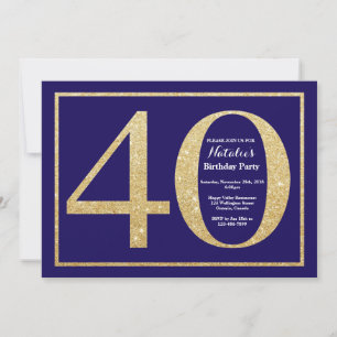 40th Birthday Navy Blue and Gold Glitter Invitation