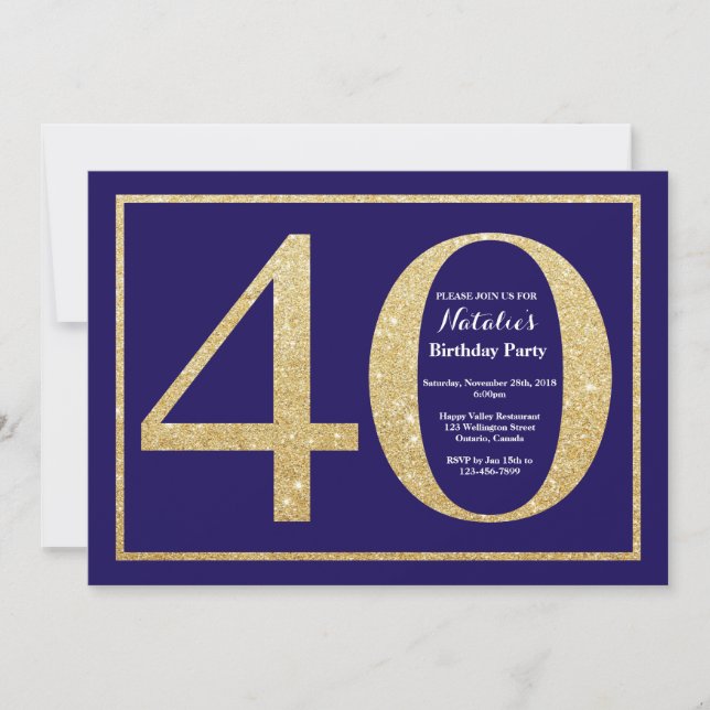 40th Birthday Navy Blue and Gold Glitter Invitation (Front)