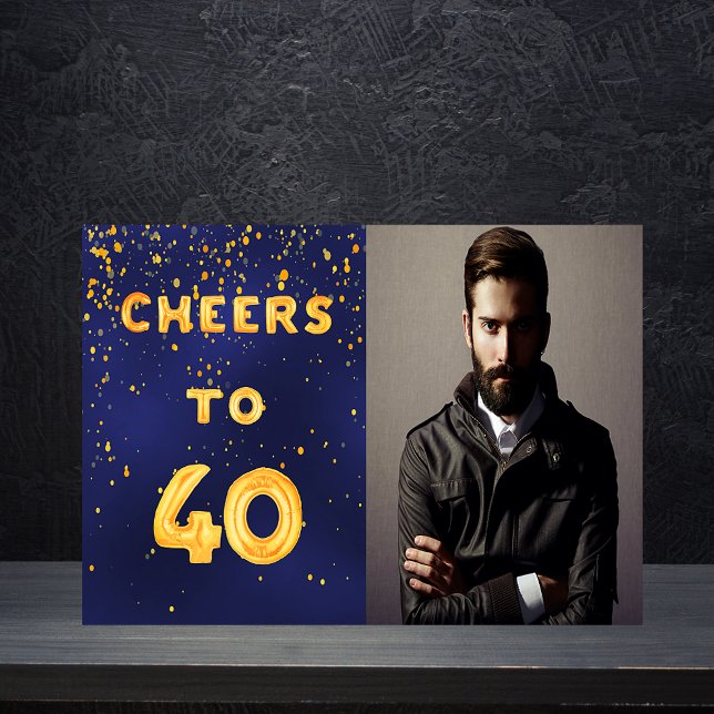 40th birthday navy blue gold cheers photo guy invitation (Creator Uploaded)