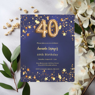 40th birthday navy blue gold stars invitation