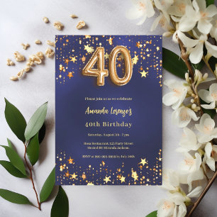 40th birthday navy blue gold stars invitation