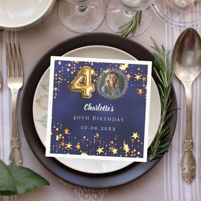 40th birthday navy blue gold stars photo napkin (Creator Uploaded)