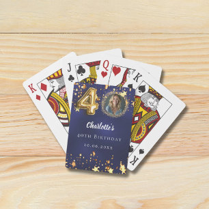 40th birthday navy blue gold stars photo playing cards