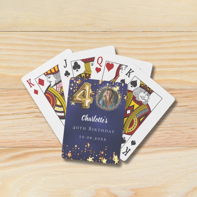 40th birthday navy blue gold stars photo playing cards (Creator Uploaded)