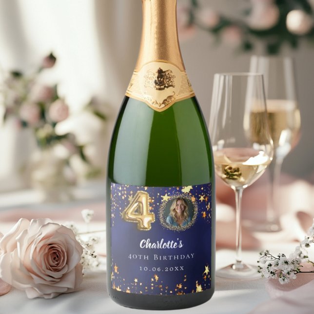40th birthday navy blue gold stars photo sparkling wine label (Creator Uploaded)