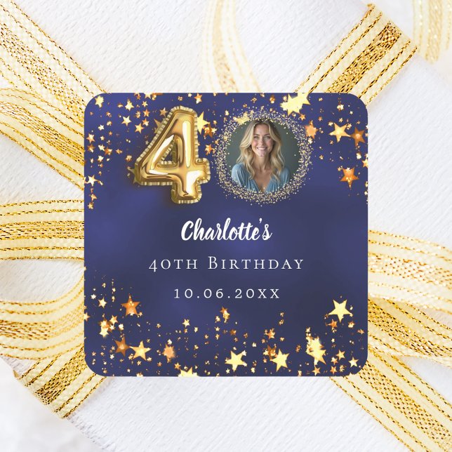 40th birthday navy blue gold stars photo square sticker (Creator Uploaded)