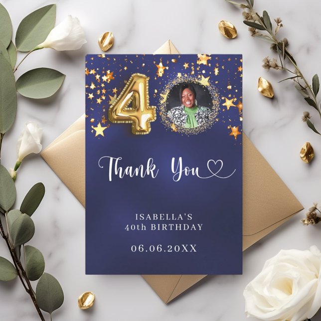 40th birthday navy blue gold stars photo thank you card (Creator Uploaded)