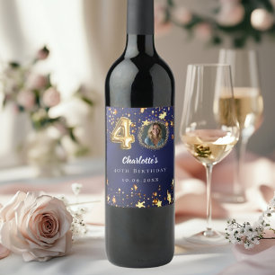 40th birthday navy blue gold stars photo wine label