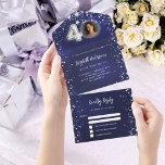 40th Birthday navy blue photo silver stars rsvp All In One Invitation<br><div class="desc">A navy blue background,  decorated with stars. The blue colour is uneven.  Personalise and add a photo,  name,  party details,  RSVP date,  return address and name.</div>