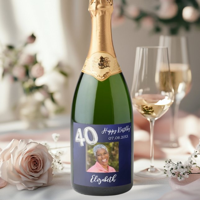 40th Birthday navy blue photo Sparkling Wine Label (Creator Uploaded)