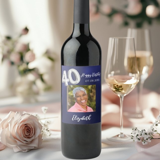 40th Birthday navy blue photo Wine Label (Creator Uploaded)