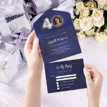40th Birthday navy blue silver photo rsvp All In One Invitation<br><div class="desc">A navy blue background. The blue colour is uneven.  Personalise and add a photo,  name,  party details,  RSVP date,  return address and name.  Number 40 is written with a balloon style font in faux silver.</div>