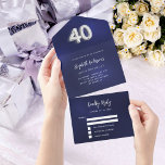 40th Birthday navy blue silver rsvp All In One Invitation<br><div class="desc">A navy blue background. The blue colour is uneven.  Personalise and add names,  party details,  RSVP date,  return address and name.  Number 40 is written with a balloon style font in faux silver.</div>