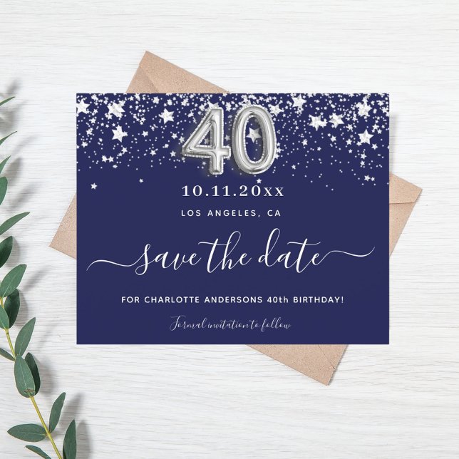 40th birthday navy blue silver save date budget flyer (Creator Uploaded)
