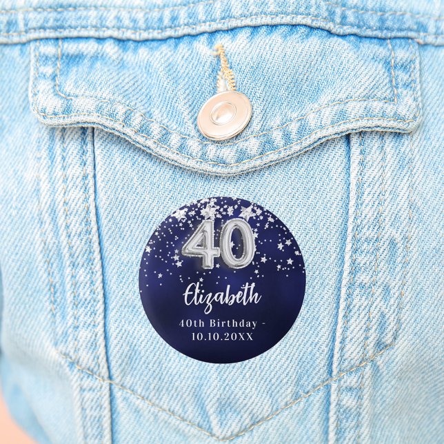 40th birthday navy blue silver stars 3 cm round badge (Creator Uploaded)