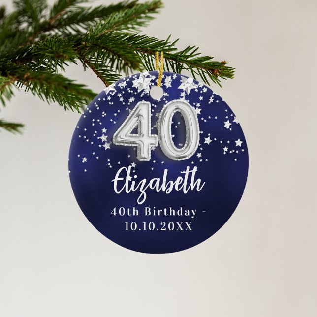 40th birthday navy blue silver stars ceramic ornament (Creator Uploaded)