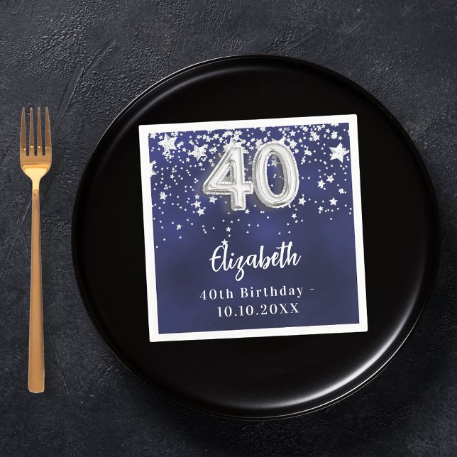 40th birthday navy blue silver stars napkin (Creator Uploaded)