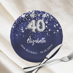 40th Birthday navy blue silver stars Paper Plate