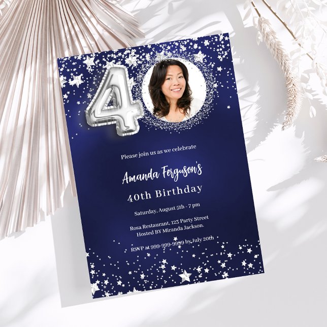 40th birthday navy blue silver stars photo luxury invitation (Creator Uploaded)