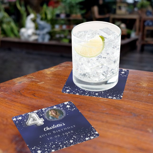 40th birthday navy blue silver stars photo square paper coaster (Creator Uploaded)