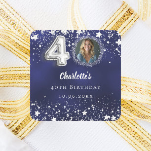 40th birthday navy blue silver stars photo square sticker