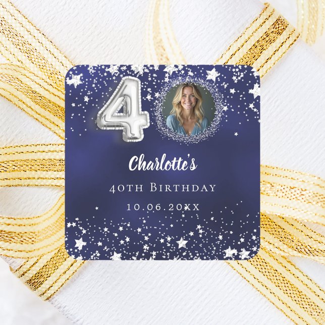 40th birthday navy blue silver stars photo square sticker (Creator Uploaded)