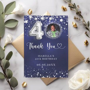 40th birthday navy blue silver stars photo thank you card