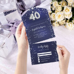 40th Birthday navy blue silver stars rsvp All In One Invitation<br><div class="desc">A navy blue background,  decorated with stars. The blue colour is uneven.  Personalise and add names,  party details,  RSVP date,  return address and name.  Number 40 is written with a balloon style font.</div>
