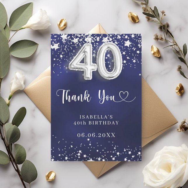40th birthday navy blue silver stars thank you card (Creator Uploaded)