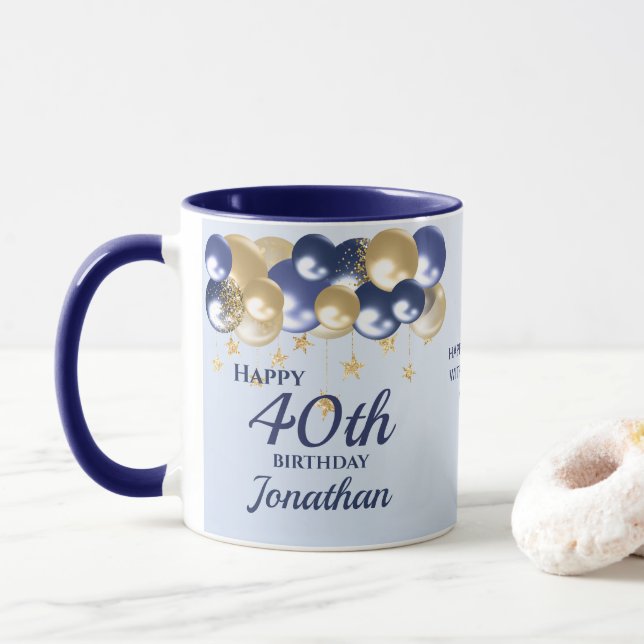 40th Birthday Navy Gold Balloons  Mug (With Donut)