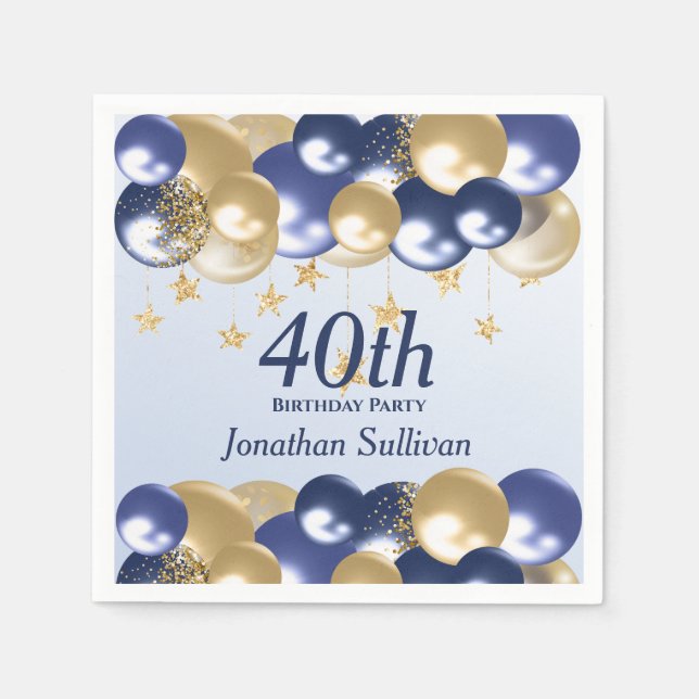 40th Birthday Navy Gold Balloons Party Napkin (Front)