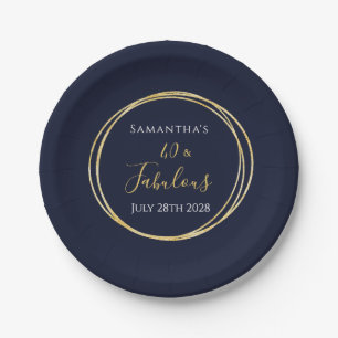 40th Birthday Navy Gold Birthday Party Paper Plate
