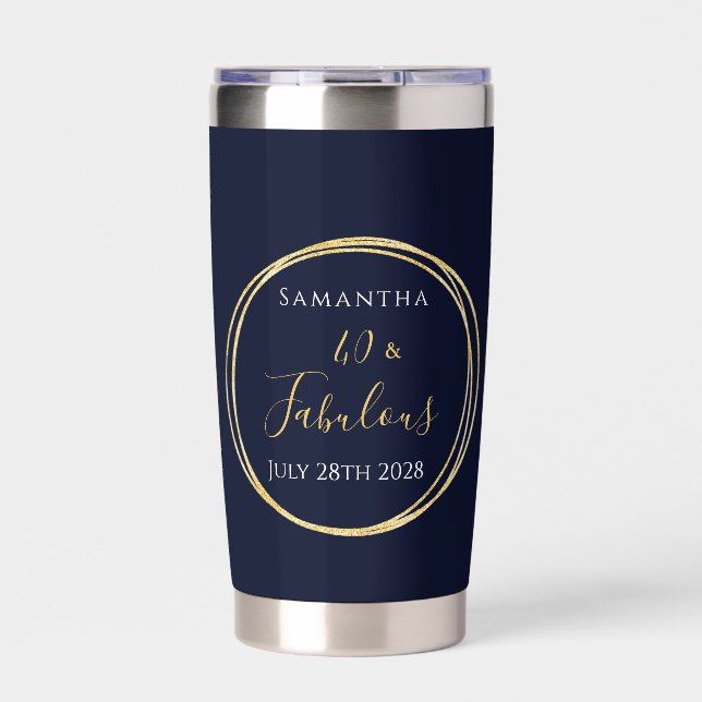 40th Birthday Navy Gold Personalized Party Favor Insulated Tumbler (Front)