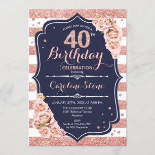 40th Birthday - Navy Rose Gold and White Stripes Invitation